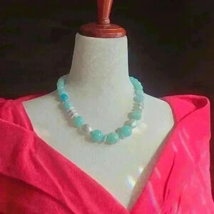 Chunky Aqua Blue Lucite Necklace Beaded Collar Silver Tone Bold Vintage
